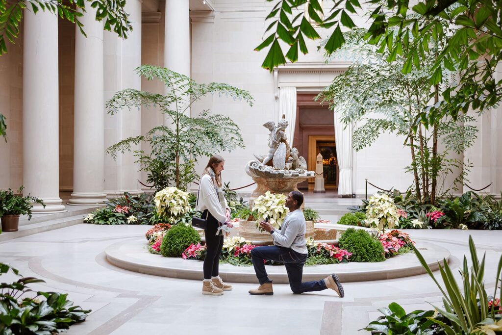 Engagement portrait inside the National Gallery of Art in Washington DC with marble architecture
