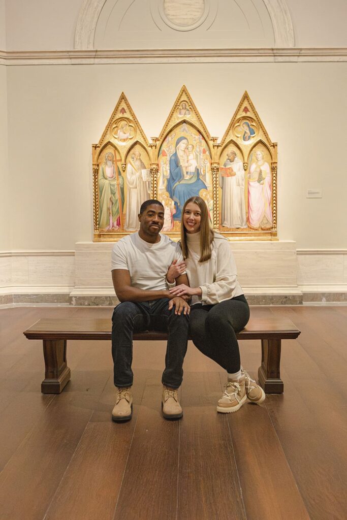 Engagement session at the National Gallery of Art in Washington DC with elegant interior backdrop