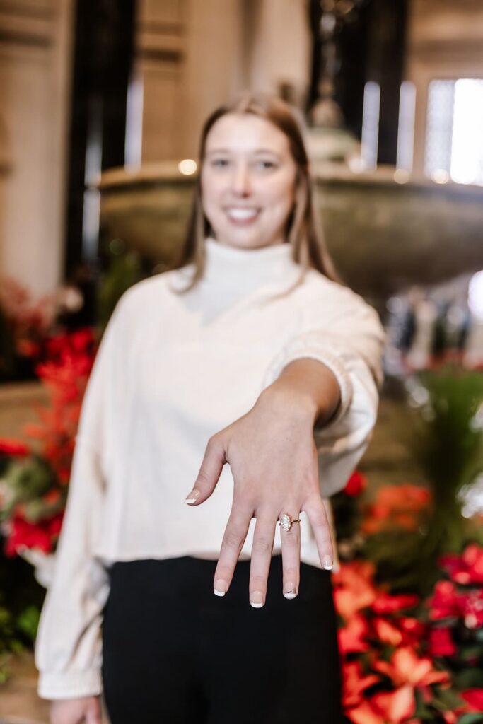 Bride posing with her engagement ring the National Gallery of Art Washington DC