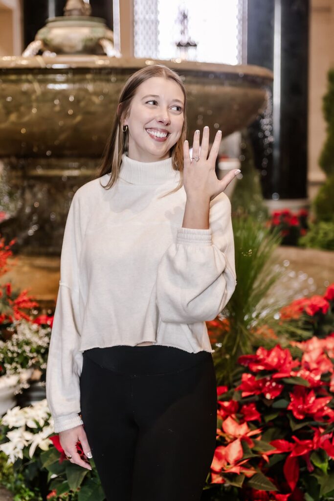 Bride posing with her engagement ring the National Gallery of Art Washington DC